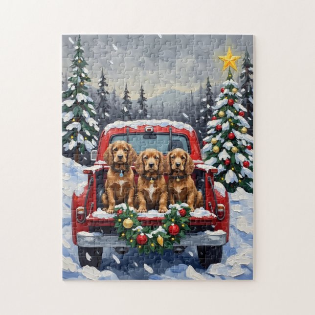 Puzzle Cocker Spaniel Noël Camion Rouge Fêtes (Vertical)