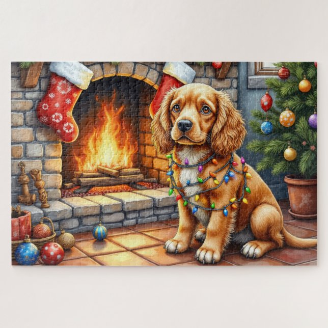 Puzzle Cocker Spaniel près de la cheminée avec des lumièr (Horizontal)