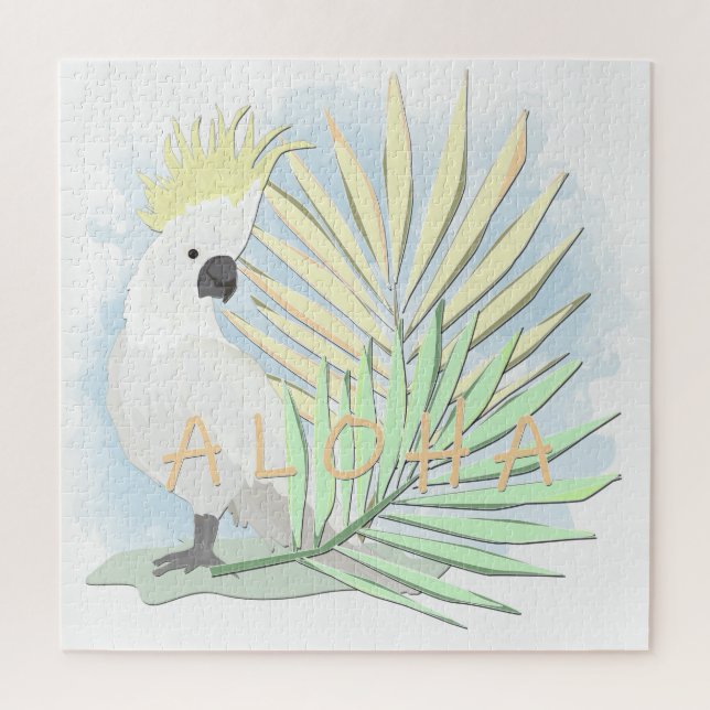 Puzzle Coco de perroquet blanc en feuille de palmiers. (Vertical)