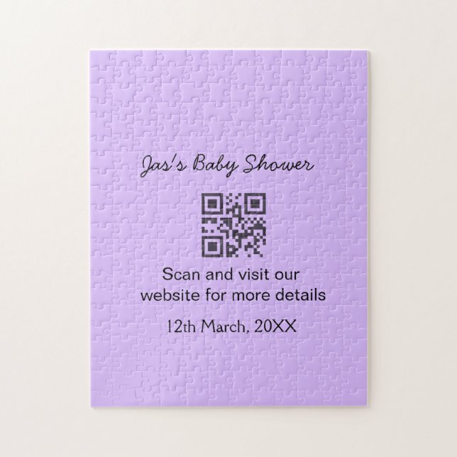Puzzle Code QR simple pour baby shower violet avec texte  (Vertical)