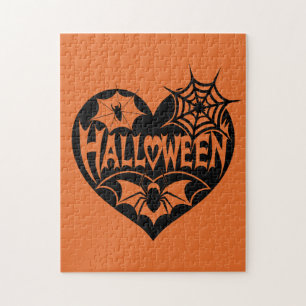 Puzzle Cœur d'Halloween, forme de cœur noir, toile d'arai