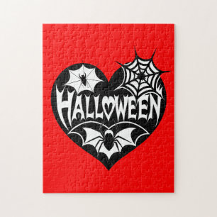 Puzzle Cœur d'Halloween, forme de cœur noir, toile d'arai