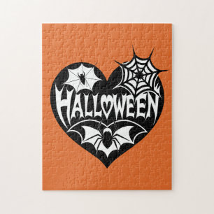 Puzzle Cœur d'Halloween, forme de cœur noir, toile d'arai