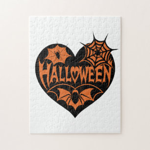 Puzzle Cœur d'Halloween, forme de cœur noir, toile d'arai
