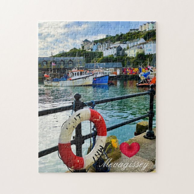 Puzzle Coeur personnalisé Mevagissey Harbour Lifebuoy Cor (Vertical)