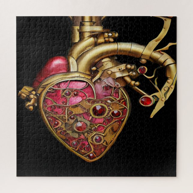 Puzzle Cœur Steampunk Rubis et Engrenages Anatomiques (Vertical)