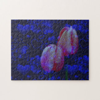 Puzzle Coeurs Bleus Électriques Et Tulipes Roses Art Flor