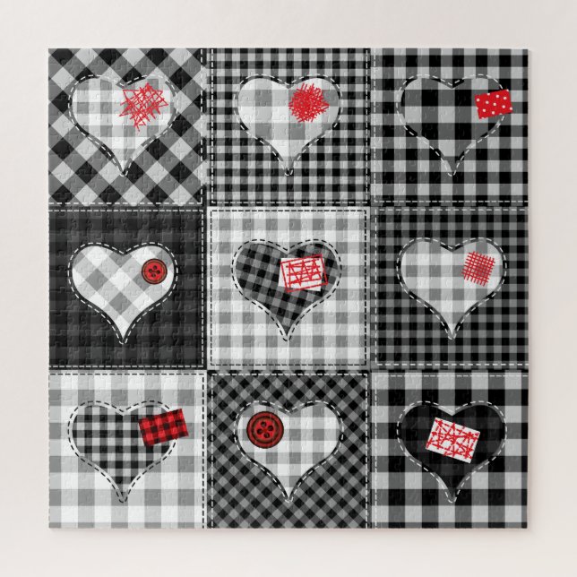 Puzzle Coeurs Noir Blanc Patchwork Sans Couleur. (Vertical)