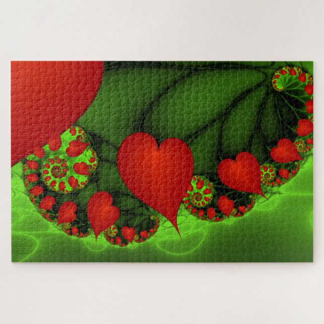 Puzzle Coeurs rouges Lime vert Moderne Art Abstrait fract (Horizontal)