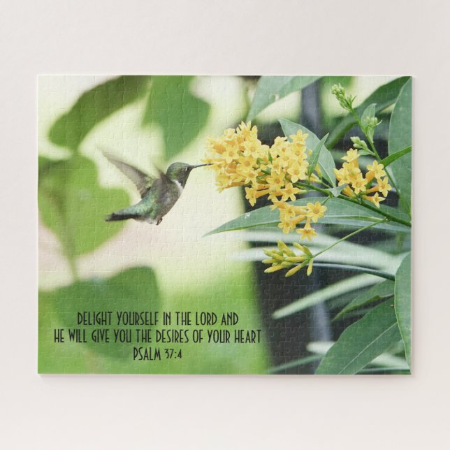 Puzzle Colibri à Fleurs avec vers de Psaume 37:4 (Horizontal)