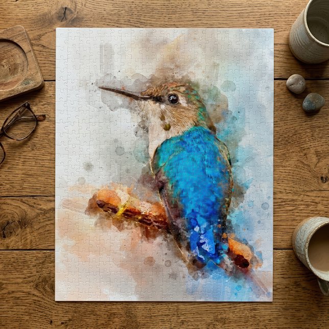 Puzzle Colibri aquarelle vibrant oiseau sur une branche (Vibrant Watercolor Hummingbird Bird on a branch. Jigsaw Puzzle)