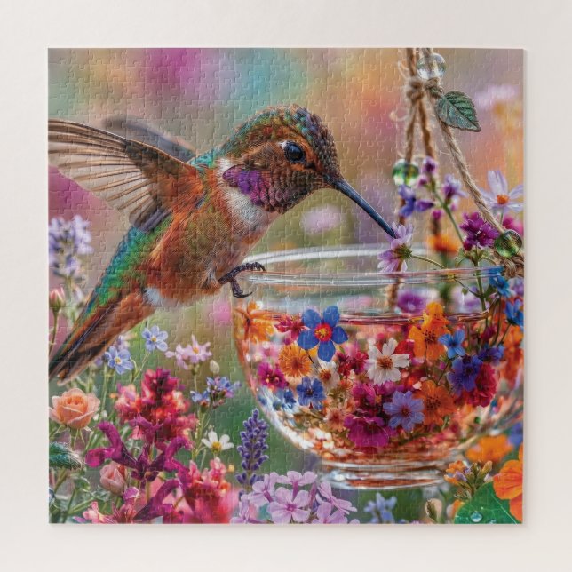 Puzzle Colibri buvant du nectar dans une tasse à thé flor (Vertical)