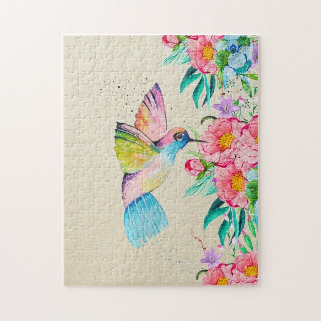 Puzzle Colibri et fleurs d'aquarelle (Vertical)