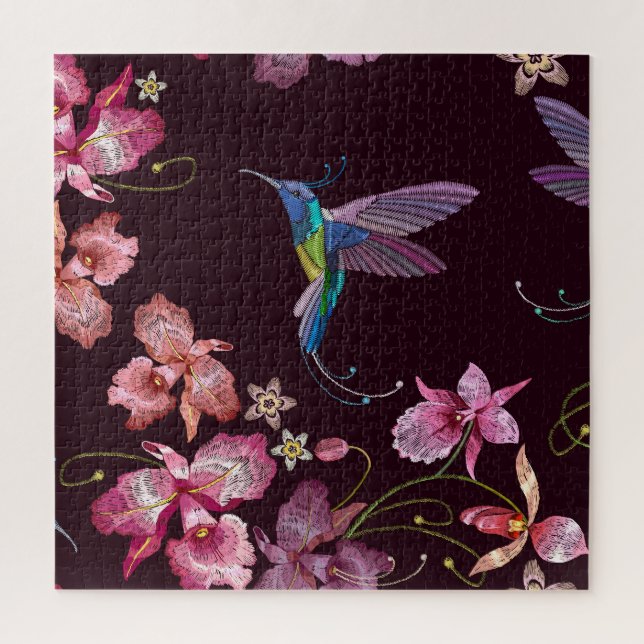 Puzzle Colibri et orchidée, mode sans couture tropicale. (Vertical)
