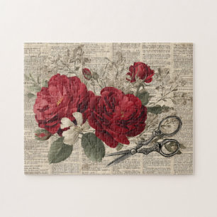 Puzzle Collage botanique aux ciseaux et rose rouge vintag