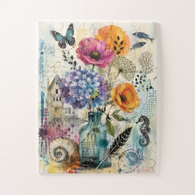 Puzzle Collage d'art mixte botanique vibrant (Vertical)