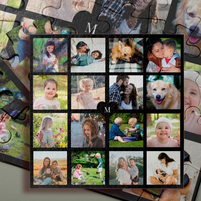 Puzzle Collage de 16 photos personnalisé avec monogramme (Créateur téléchargé)