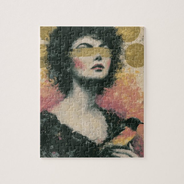 Puzzle Collage de femme et d'oiseau en techniques mixtes (Vertical)