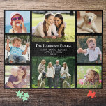 Puzzle Collage de photos de famille Noir personnalisé<br><div class="desc">Un collage photo amusant puzzle gardien de puzzle que votre famille va chérir et profiter pendant des années. Vous pouvez personnaliser avec huit photos de famille,  votre nom de famille et vos prénoms et l'année ou tout autre texte personnalisé en blanc contre un arrière - plan noir.</div>