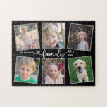Puzzle Collage de photos des coeurs de script familial<br><div class="desc">Ce puzzle photo est un cadeau de conservation unique pour toute famille. Il offre 6 cadres photo pour des images d'enfants et de membres de la famille et est accentué avec le texte "famille" apparaissant calligraphie cardiaque moderne.</div>