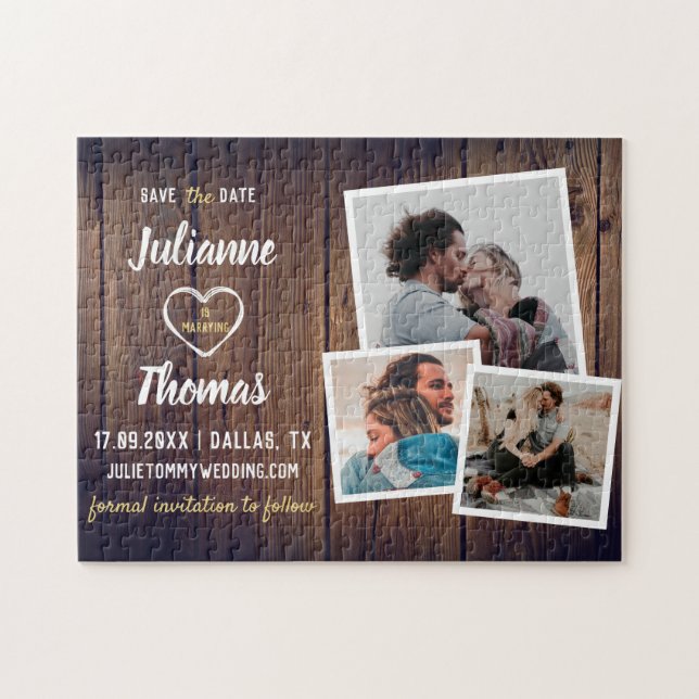 Puzzle Collage de photos en bois rustique Élégant mariage (Horizontal)