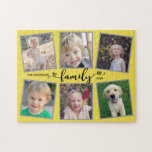 Puzzle Collage de photos Jaune des Coeurs de script famil<br><div class="desc">Ce puzzle photo jaune et gris est un cadeau amusant pour toute famille. Il offre 6 cadres photo pour des images d'enfants et de membres de la famille et est accentué par le texte "famille" apparaissant la calligraphie cardiaque moderne. Le arrière - plan est jaune.</div>