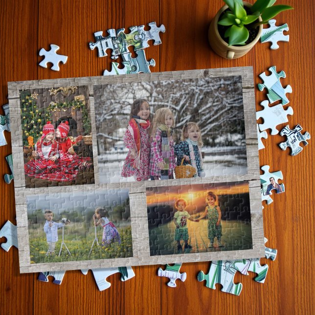 Puzzle Collage familial 4 photos sur bois rustique (Family collage 4 photos on rustic wood jigsaw puzzle. Very unique family puzzle, great fun !)