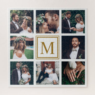 Puzzle Collage personnalisé 8 Mariage Photo Monogramme Or