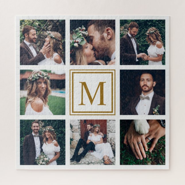 Puzzle Collage personnalisé 8 Mariage Photo Monogramme Or (Vertical)