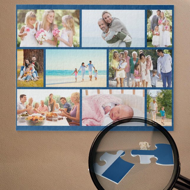 Puzzle Collage photo famille Grille maçonnerie bleue pers (Blue jigsaw puzzle with 9 pictures in masonry grid photo collage by Darling & May)