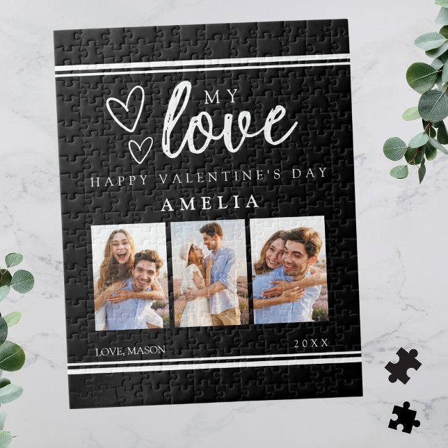 Puzzle Collage photo Saint-Valentin Moderne Noir et Heure (Black Modern Happy Valentine's Photo Collage Jigsaw Puzzle for Her)