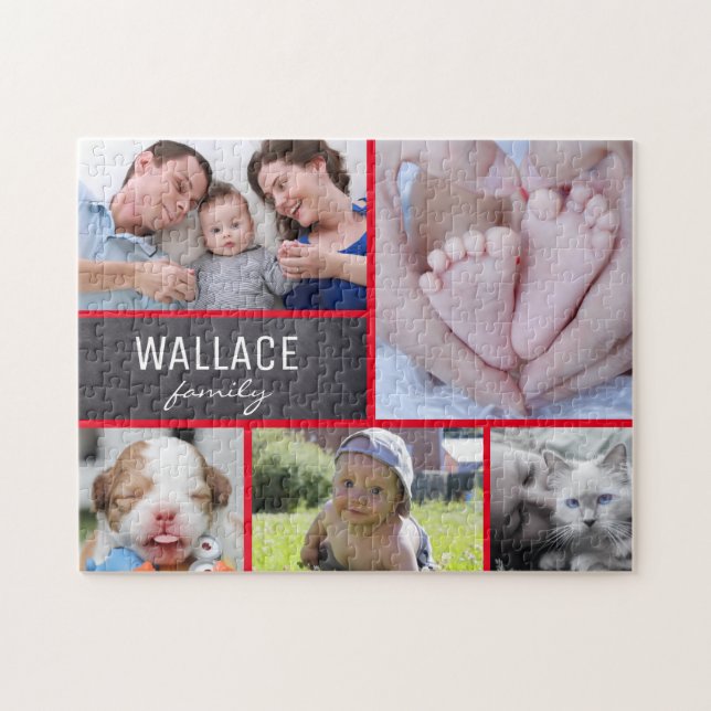 Puzzle Collage photos avec nom de famille, 5 photos (Horizontal)