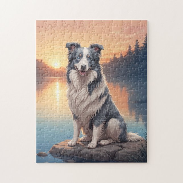 Puzzle Collie à la robe blanche et bleue (Vertical)