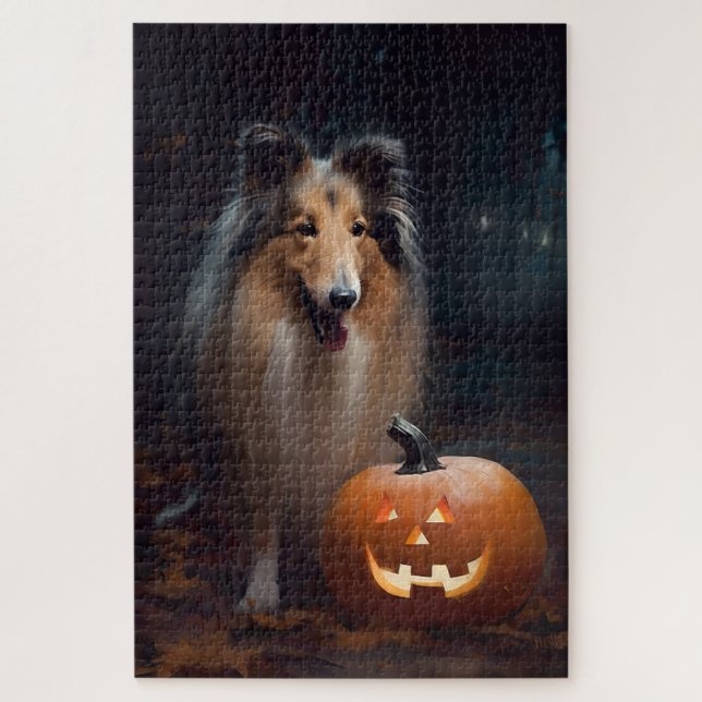 Puzzle Collie à poil long d'Halloween avec citrouilles ef (Vertical)