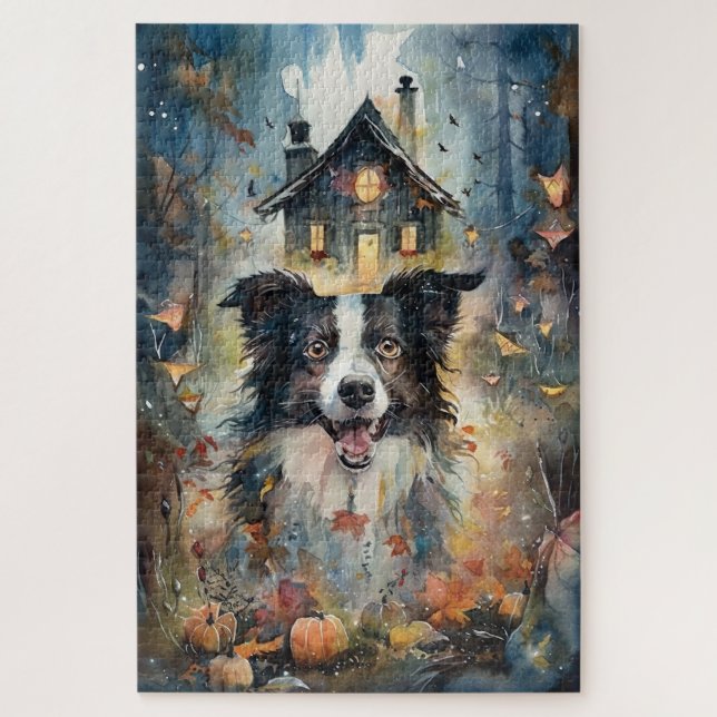 Puzzle Collie de Border Halloween avec citrouilles effray (Vertical)