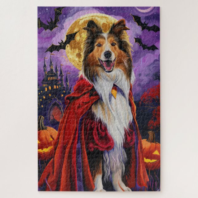 Puzzle Collie Rough Halloween Vampire Citrouilles Effraya (Vertical)