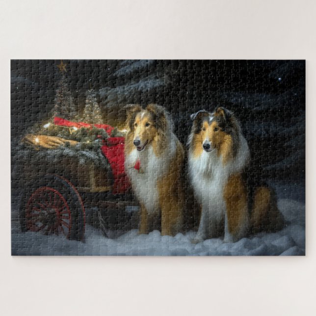 Puzzle Collie Rough Neigeux Traîneau Décor Noël (Horizontal)