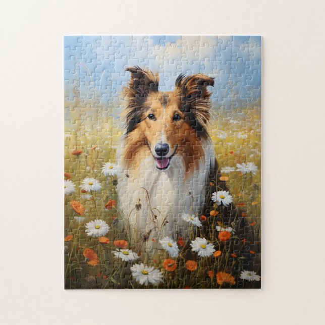 Puzzle Collie rugueuse dans le champ de fleurs (Vertical)