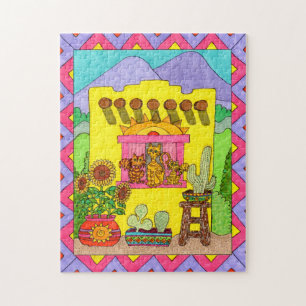 Puzzle Coloré Adobe House Cute Cats Mexicain Folk Art