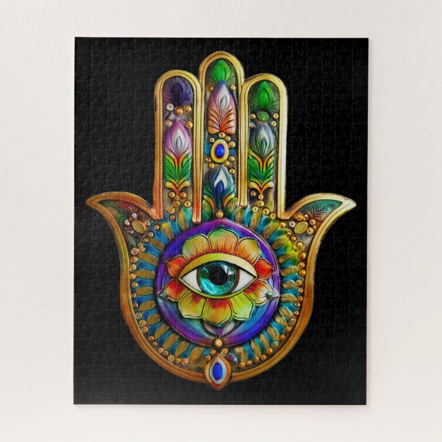 Puzzle Colorful Flower Petals Turquoise Third Eye Hamsa (Vertical)