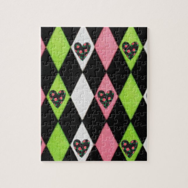 Puzzle Colorful harlequin Print with Rose Hearts (Vertical)