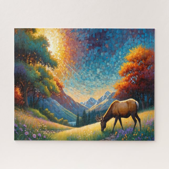 Puzzle Colorful Meadow Elk with Flowers Art (Horizontal)