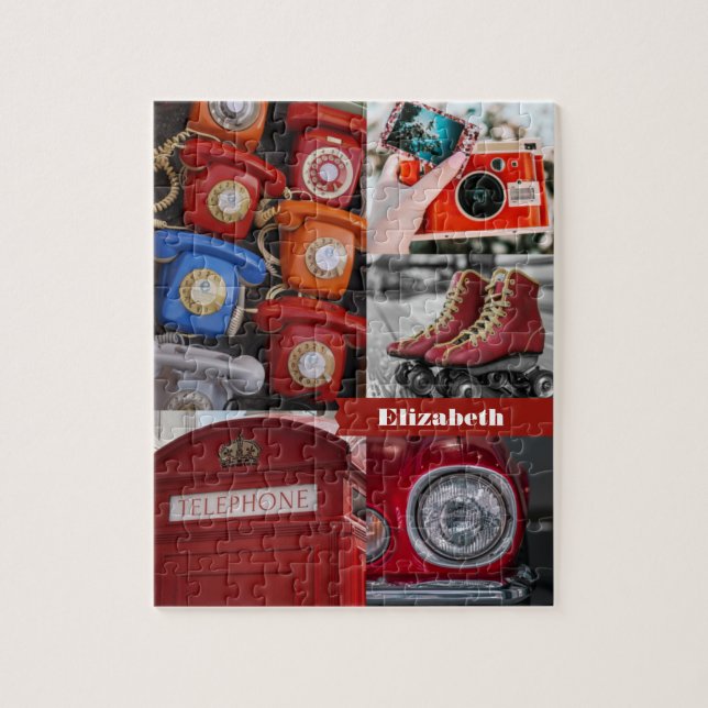 Puzzle Colorful Retro Rouge esthétique Photo Collage Nom (Vertical)