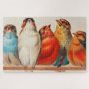 Puzzle Colorful vintage illustration of five little birds