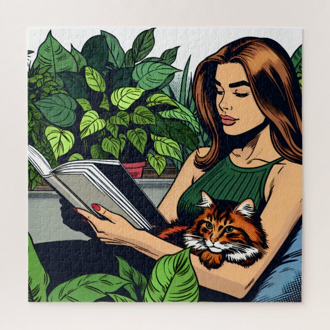 Puzzle Comédie Style femme, chat et livre (Vertical)