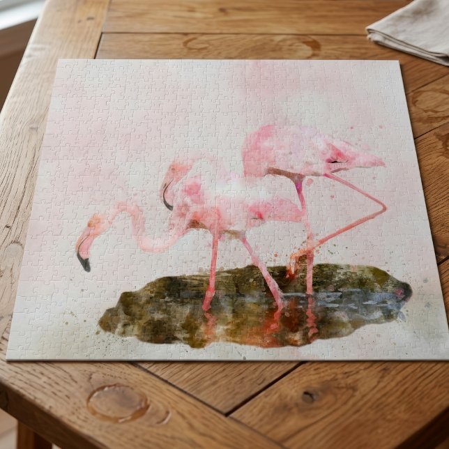 Puzzle Compagnie de Flamants Roses dans l'Art à l'Aquarel (Pink Flamingos Companionship in Watercolor Art. Jigsaw Puzzle)