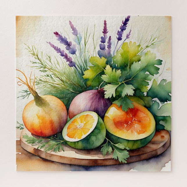 Puzzle Composition aquarelle d'herbes fraîches et de citr (Vertical)