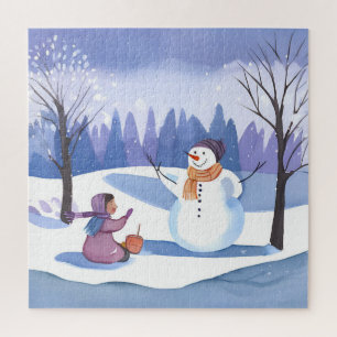 Puzzle Construisons un Bonhomme de Neige Peinture d'hiv