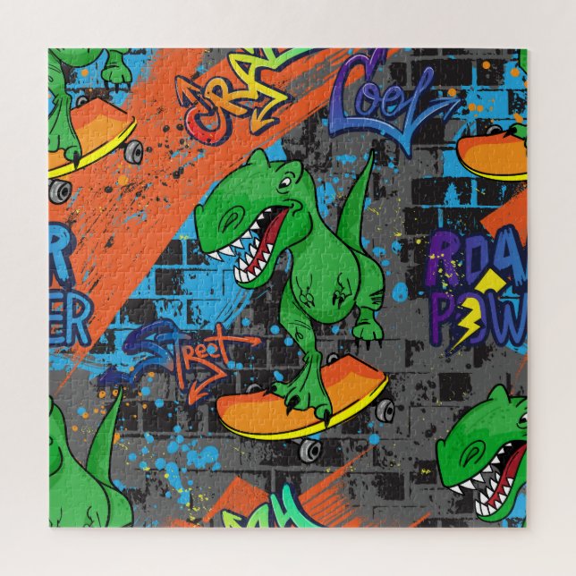 Puzzle Cool Dinosaur Skateboard Motif sans couture (Vertical)