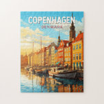 Puzzle Copenhague Danemark Travel Art Vintage<br><div class="desc">Design de transport vectoriel rétro de Copenhague. Copenhague,  capitale du Danemark,  se trouve sur les îles côtières de Seeland et Amager. Il est relié à Malmo dans le sud de la Suède par le pont Öresund.</div>